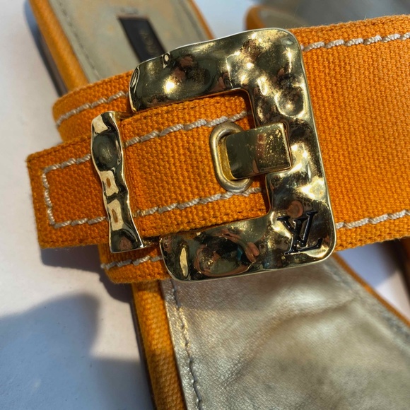 LOUIS VUITTON ORANGE CANVAS THONG SANDALS GOLD BUCKLE SZ 36-6 ITALY FLATS SLIDES - Picture 2 of 10